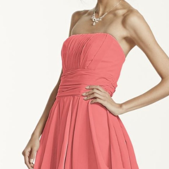 DAVID'S BRIDAL Coral Strapless Bridesmaid or Maid of Honour Dress Peach … - Picture 3 of 7